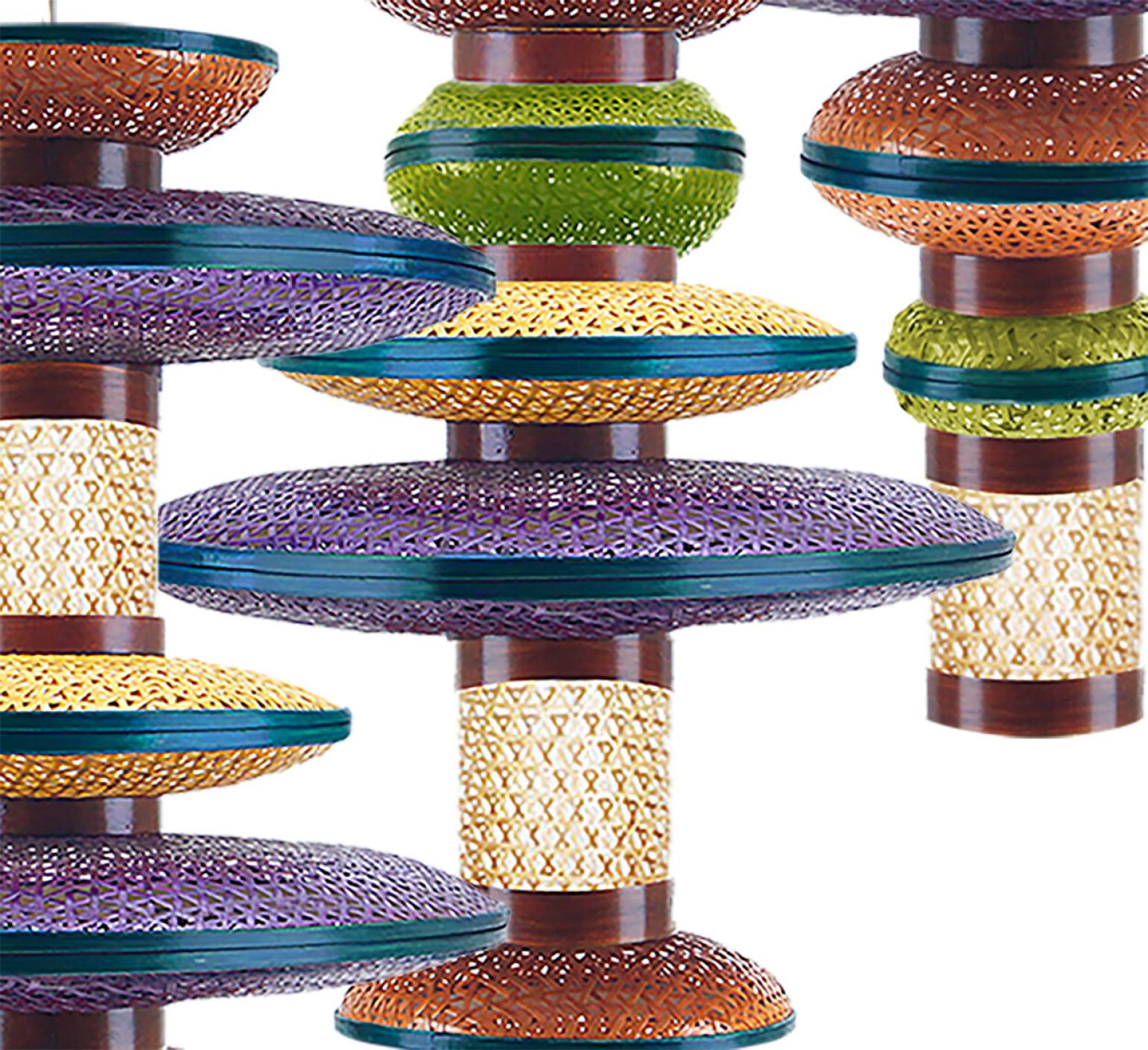 1 of the 3 Eco Friendly Green, Orange, Purple Bamboo Art Deco Style Chandeliers For Sale 1