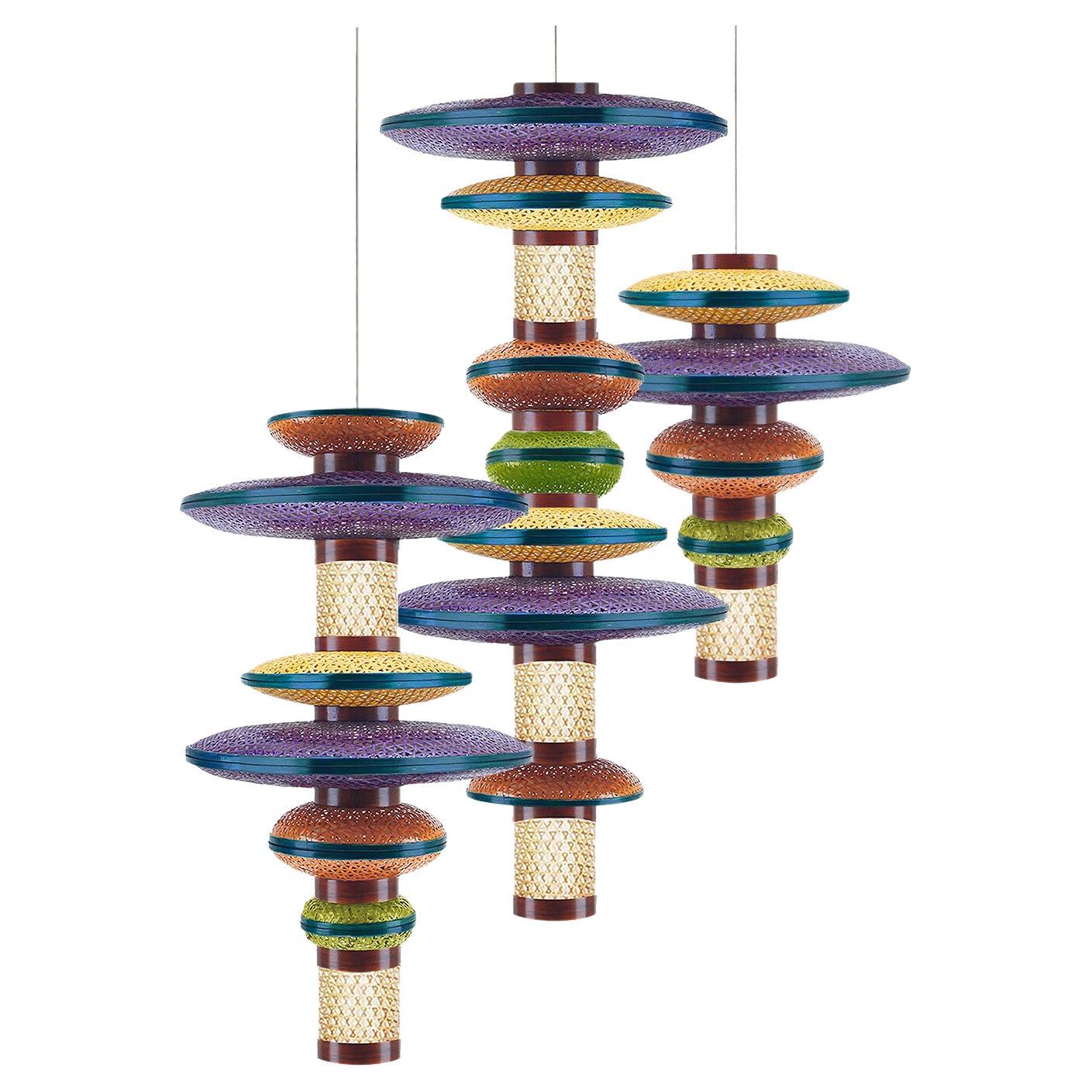 1 of the 3 Eco Friendly Green, Orange, Purple Bamboo Art Deco Style Chandeliers For Sale