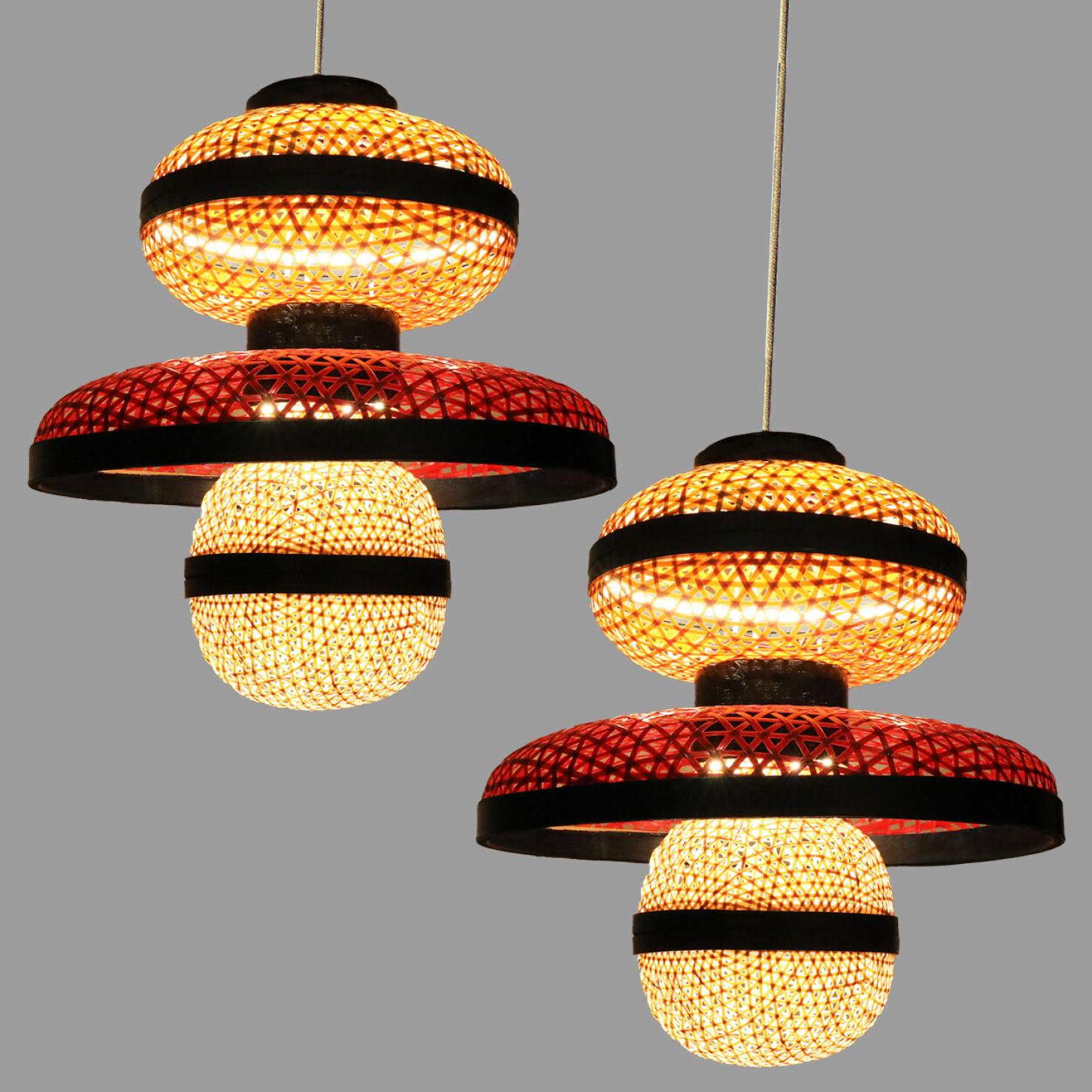 1 of the 3 Eco Friendly Red Orange Bamboo Art Deco Style Chandeliers For Sale 2