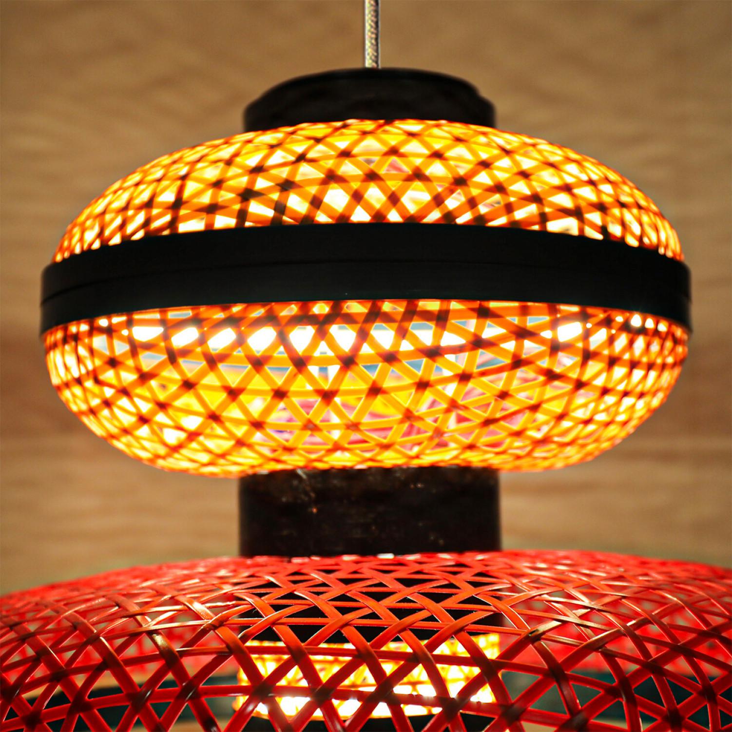 1 of the 3 Eco Friendly Red Orange Bamboo Art Deco Style Chandeliers For Sale 4