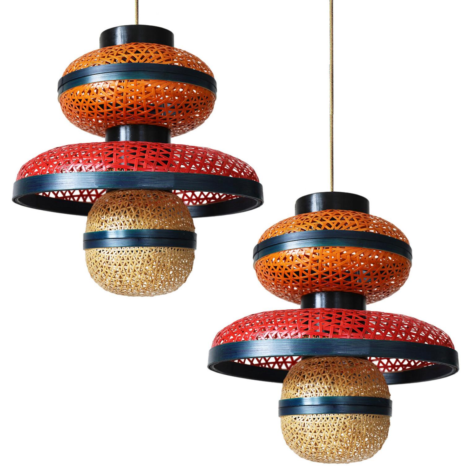 Other 1 of the 3 Eco Friendly Red Orange Bamboo Art Deco Style Chandeliers For Sale