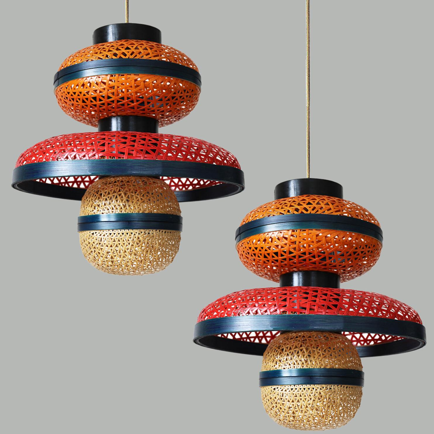 British 1 of the 3 Eco Friendly Red Orange Bamboo Art Deco Style Chandeliers For Sale