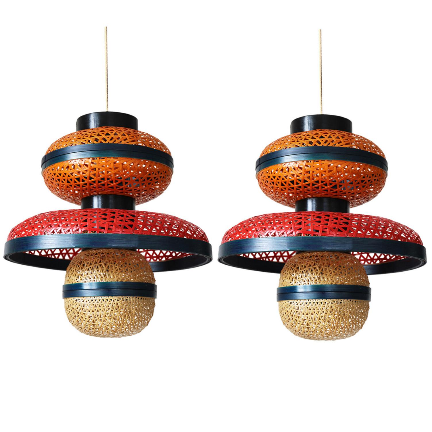 Other 1 of the 3 Eco Friendly Red Orange Bamboo Art Deco Style Chandeliers For Sale