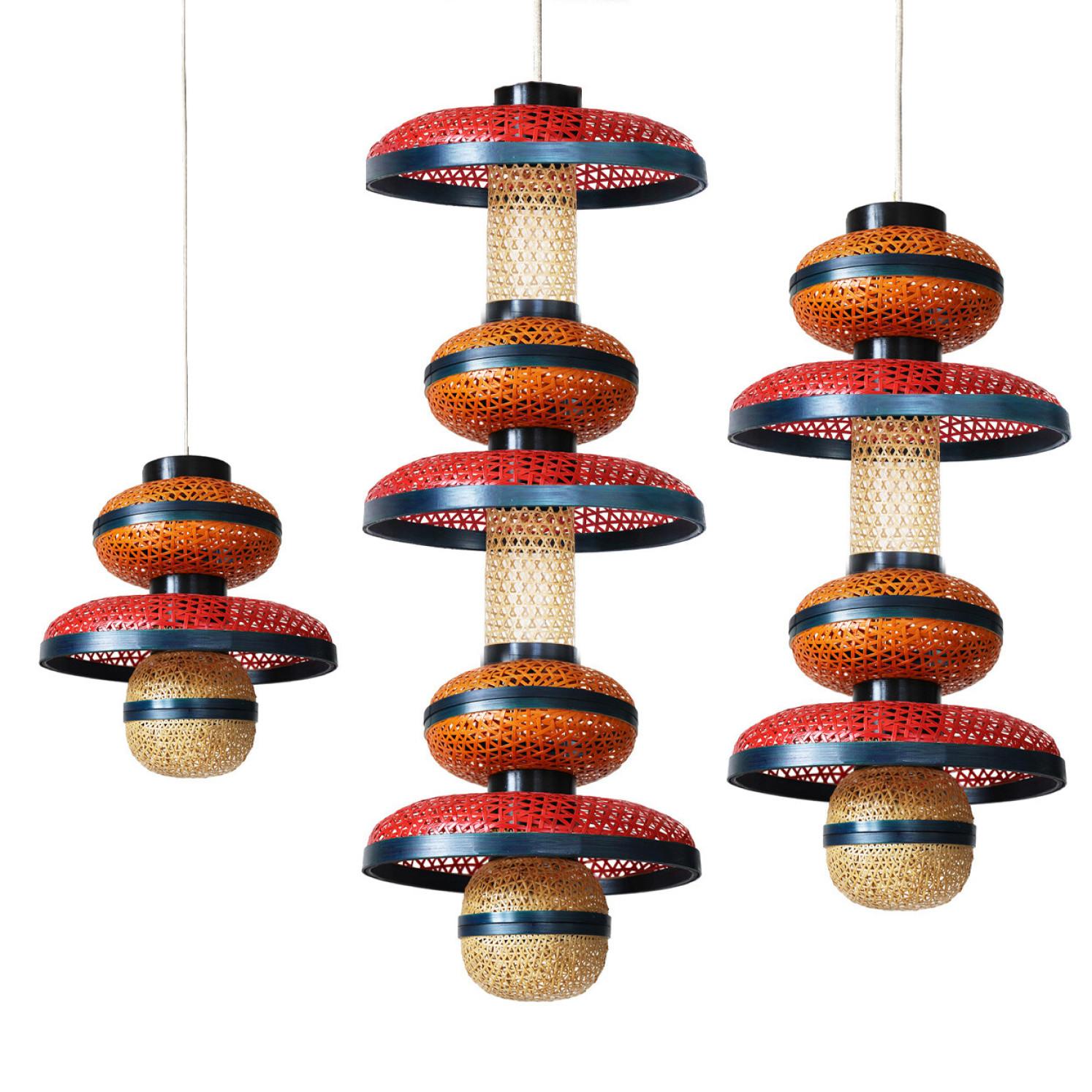 1 of the 3 Eco Friendly Red Orange Bamboo Art Deco Style Chandeliers In Distressed Condition For Sale In Rijssen, NL