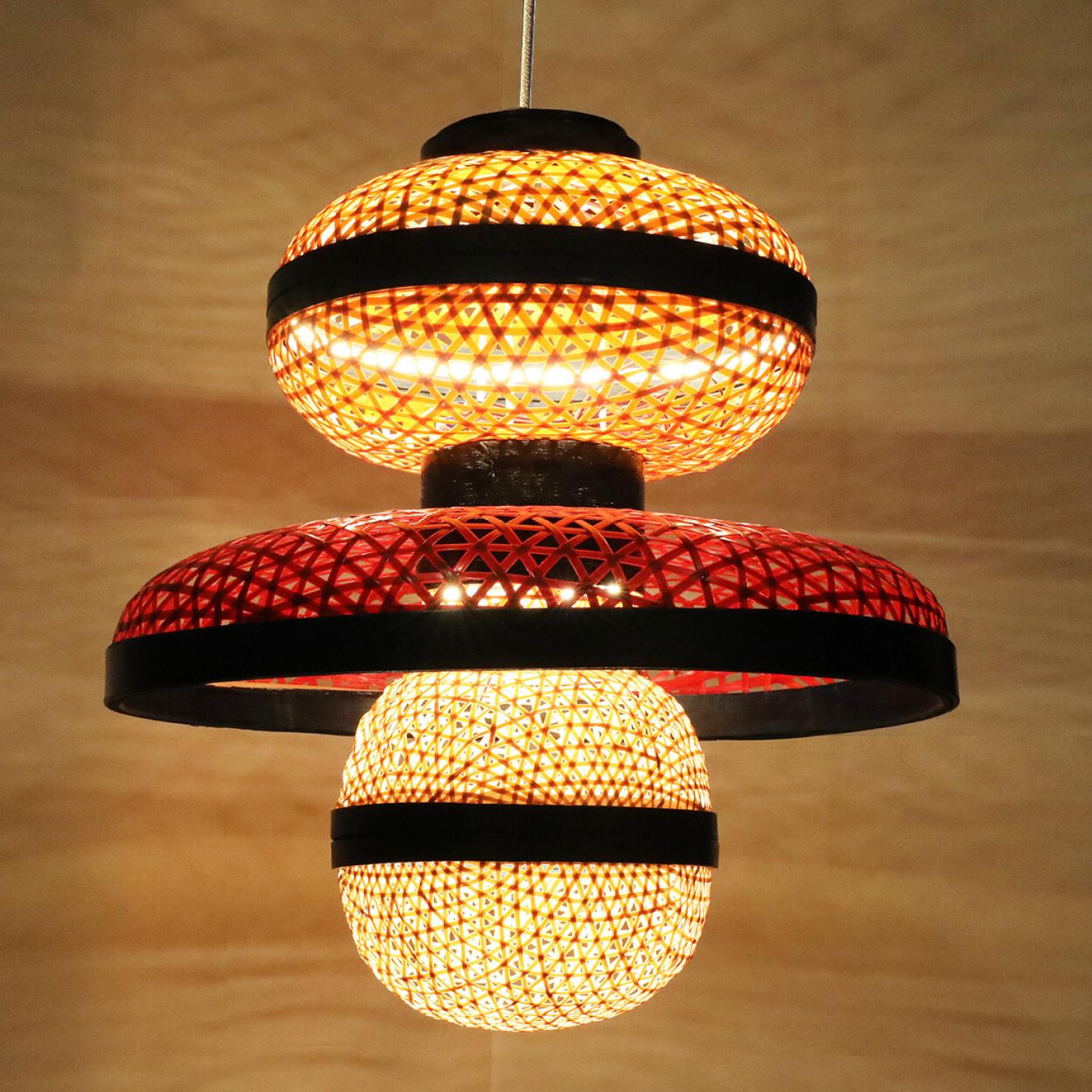 Contemporary 1 of the 3 Eco Friendly Red Orange Bamboo Art Deco Style Chandeliers For Sale