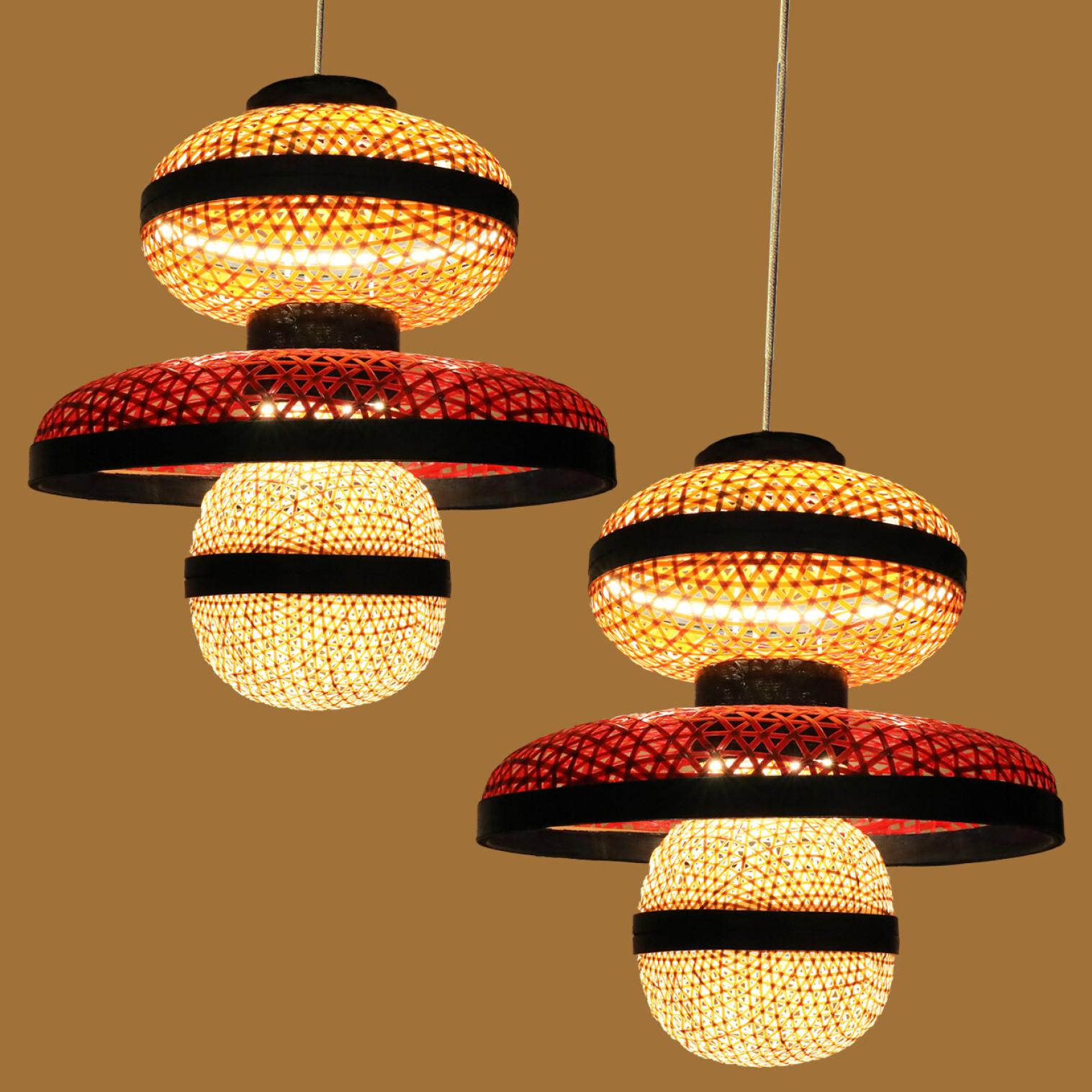 Steel 1 of the 3 Eco Friendly Red Orange Bamboo Art Deco Style Chandeliers For Sale