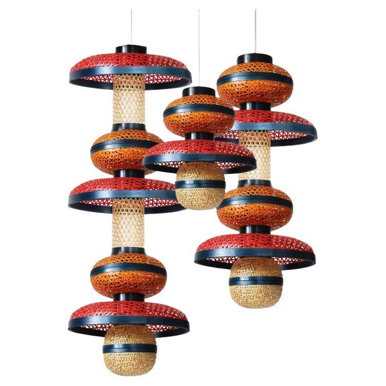 1 of the 3 Eco Friendly Red Orange Bamboo Art Deco Style Chandeliers For Sale