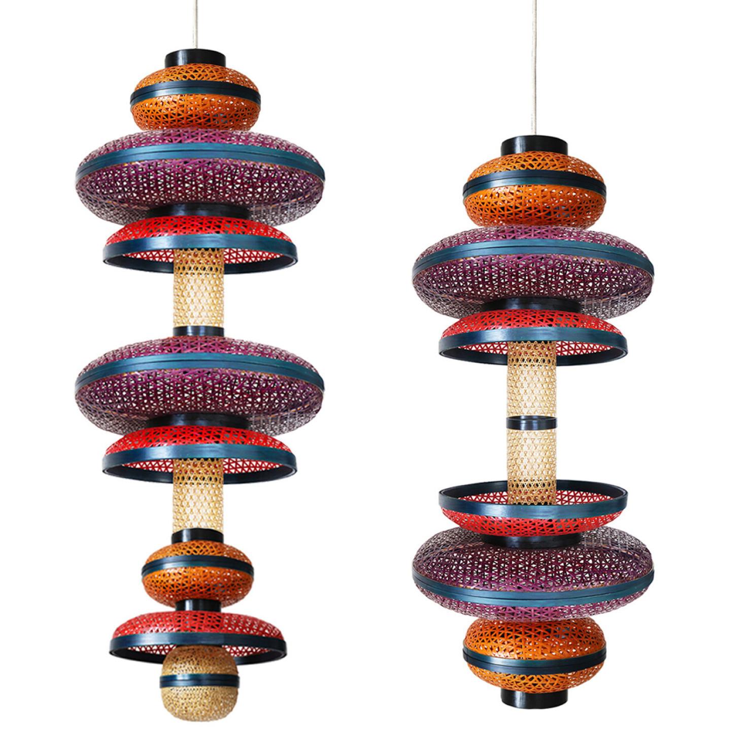 1 of the 3 Eco Friendly Red Orange Purple Bamboo Art Deco Style Chandeliers For Sale 4