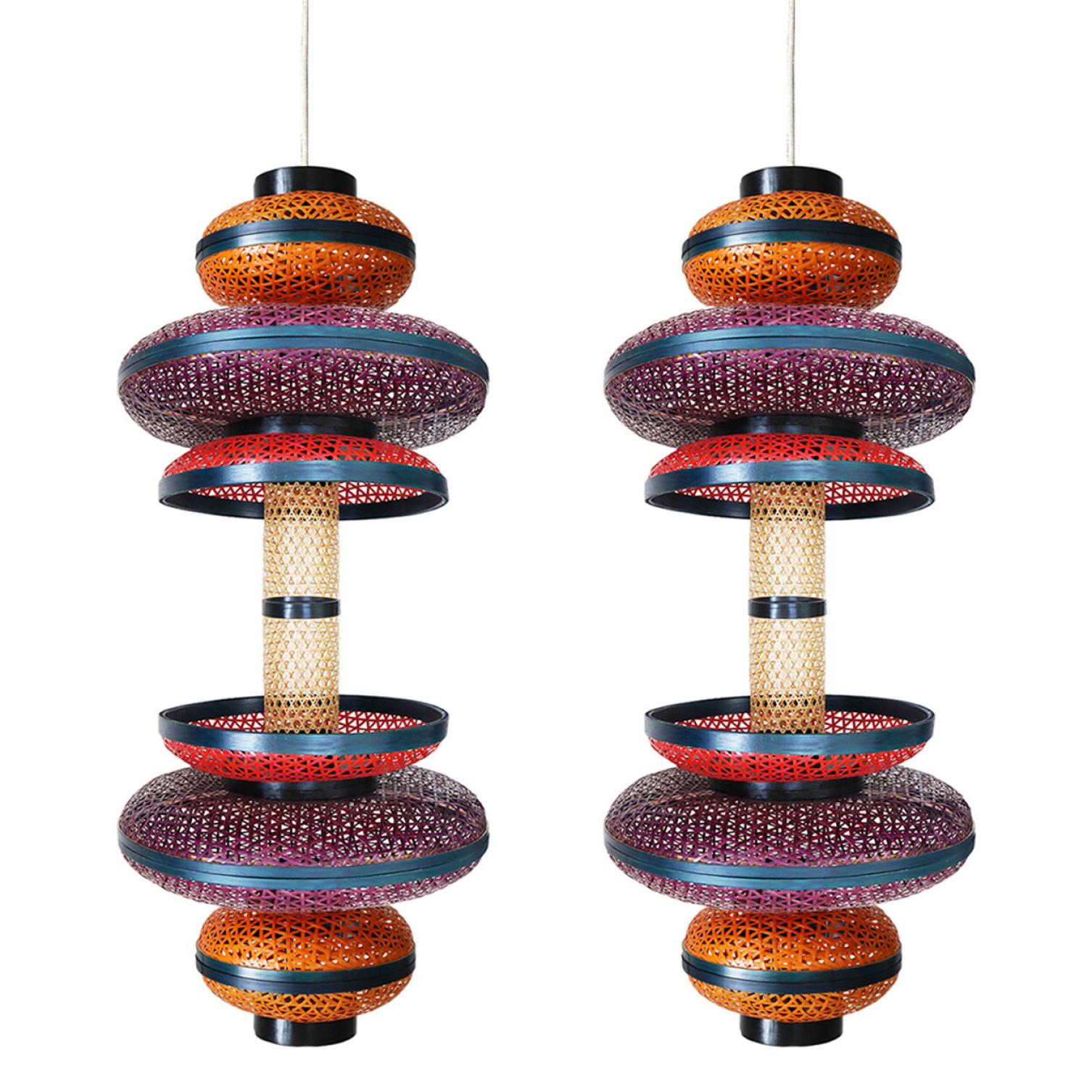 1 of the 3 Eco Friendly Red Orange Purple Bamboo Art Deco Style Chandeliers For Sale 5