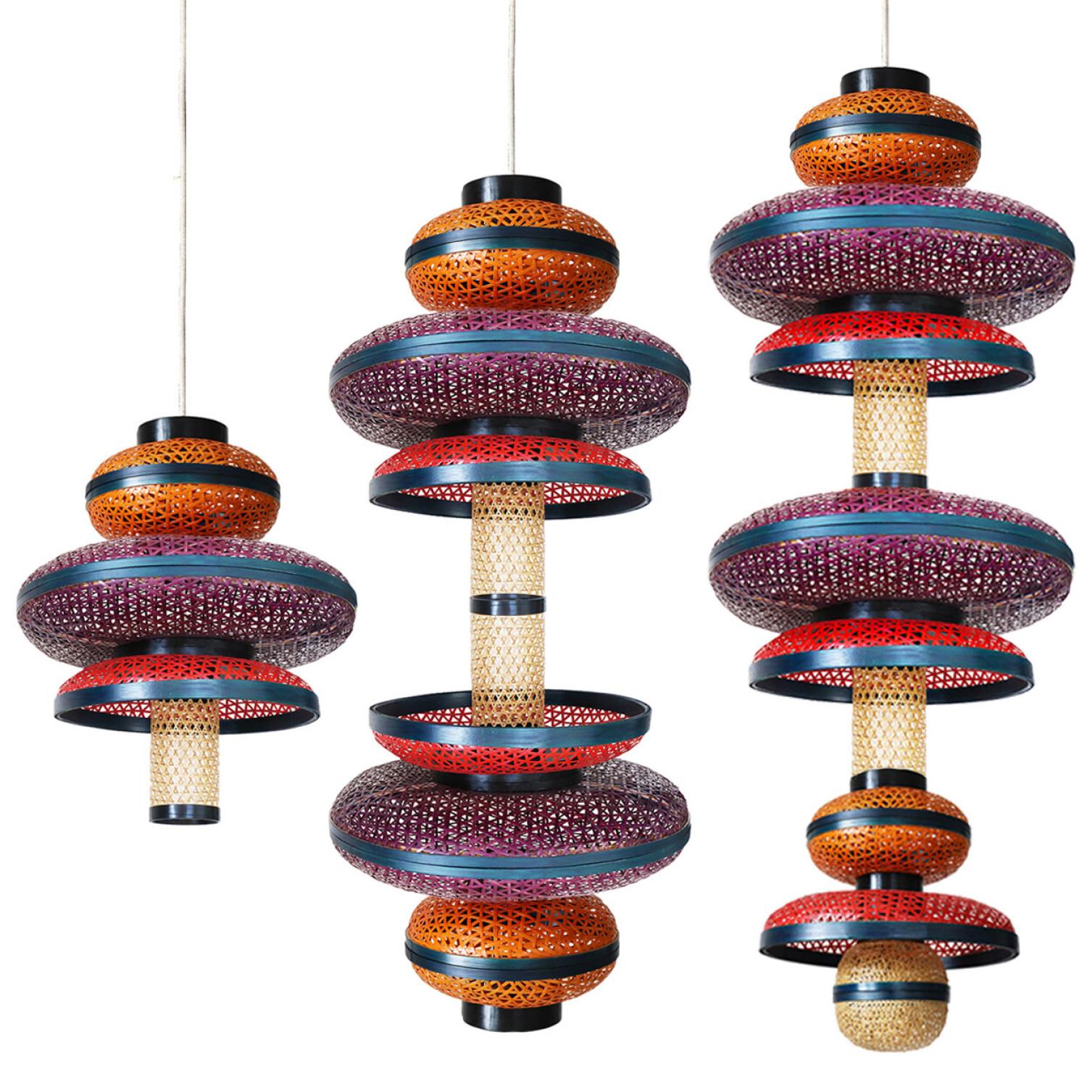 1 of the 3 Eco Friendly Red Orange Purple Bamboo Art Deco Style Chandeliers For Sale 8