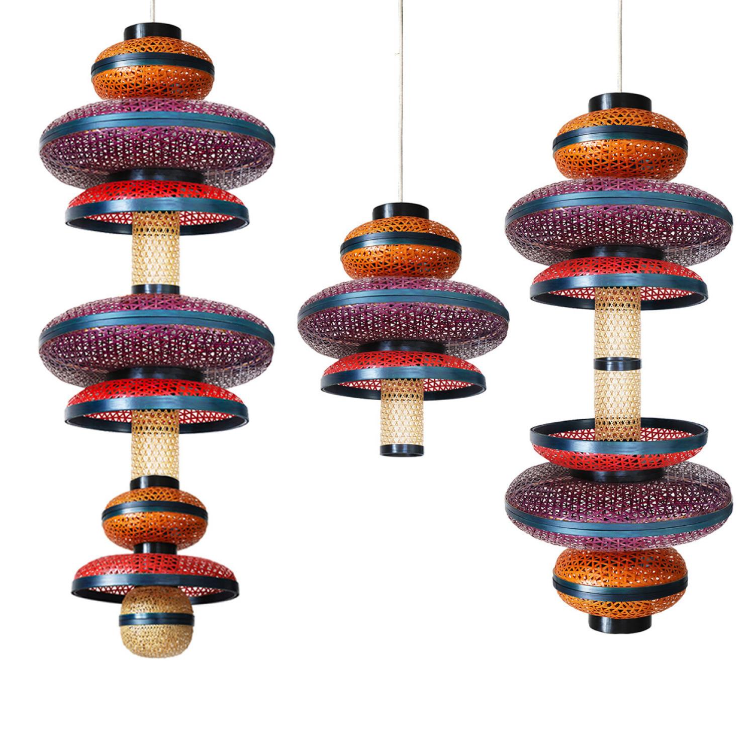 1 of the 3 Eco Friendly Red Orange Purple Bamboo Art Deco Style Chandeliers For Sale 9