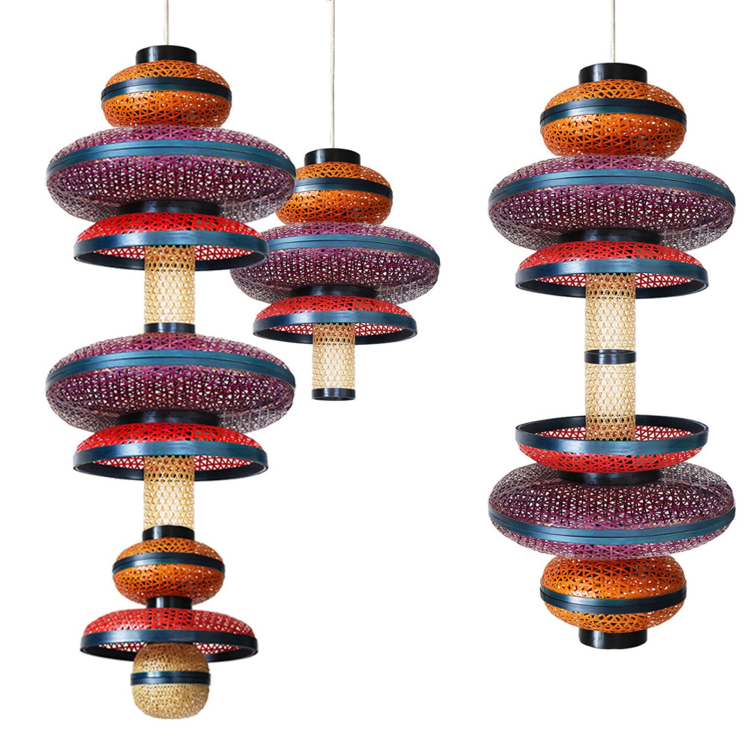 1 of the 3 Eco Friendly Red Orange Purple Bamboo Art Deco Style Chandeliers For Sale 10