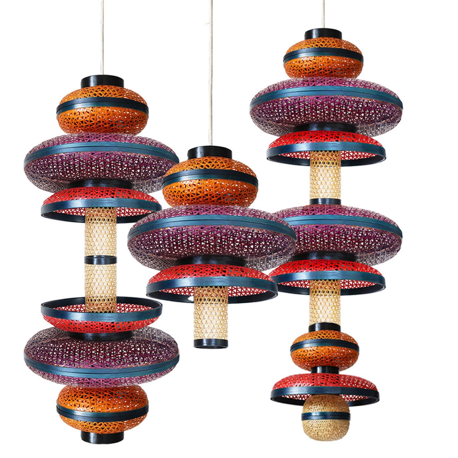 Other 1 of the 3 Eco Friendly Red Orange Purple Bamboo Art Deco Style Chandeliers For Sale