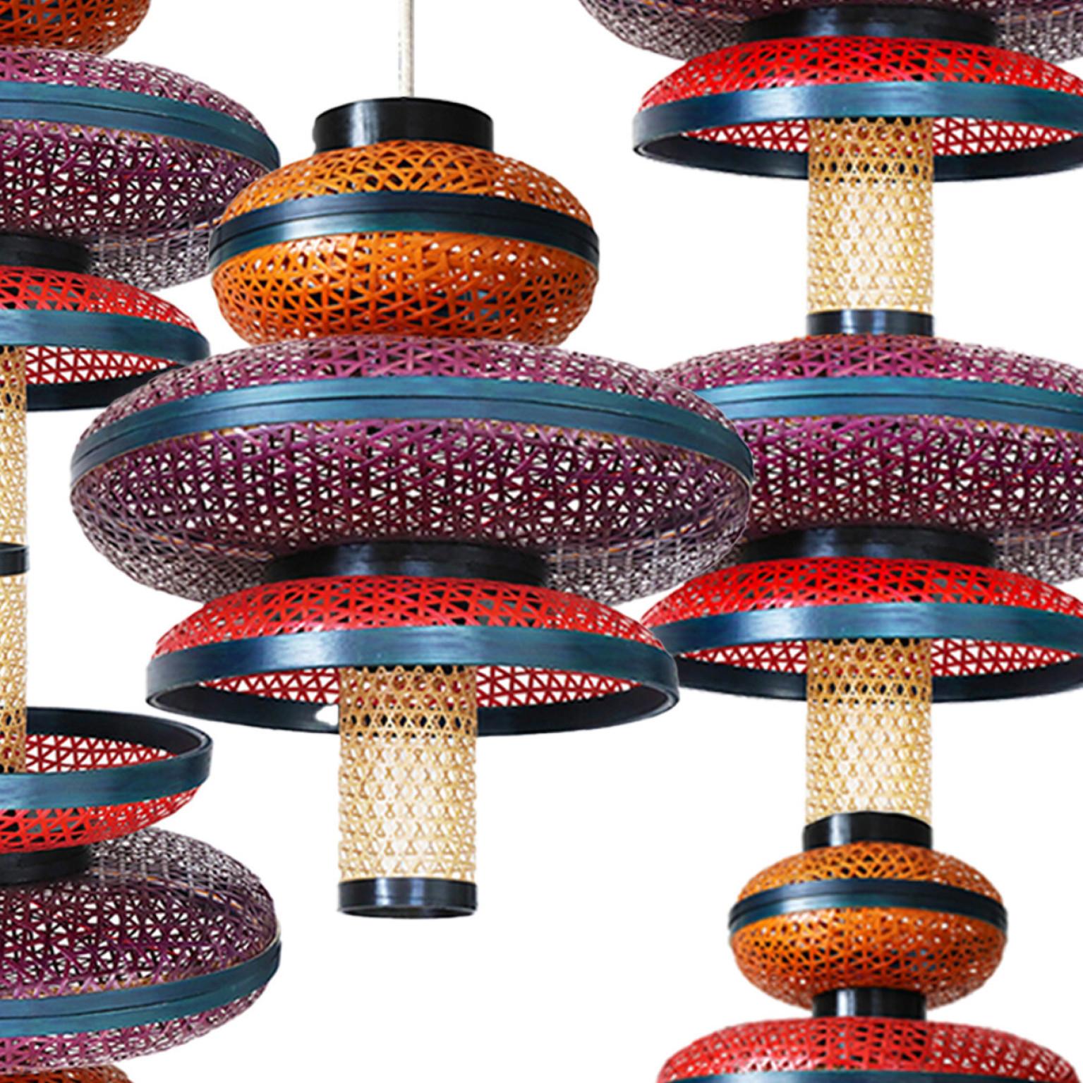 Other 1 of the 3 Eco Friendly Red Orange Purple Bamboo Art Deco Style Chandeliers For Sale