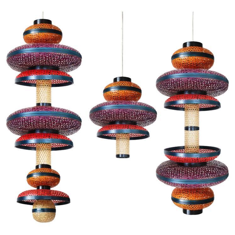 1 of the 3 Eco Friendly Red Orange Purple Bamboo Art Deco Style Chandeliers