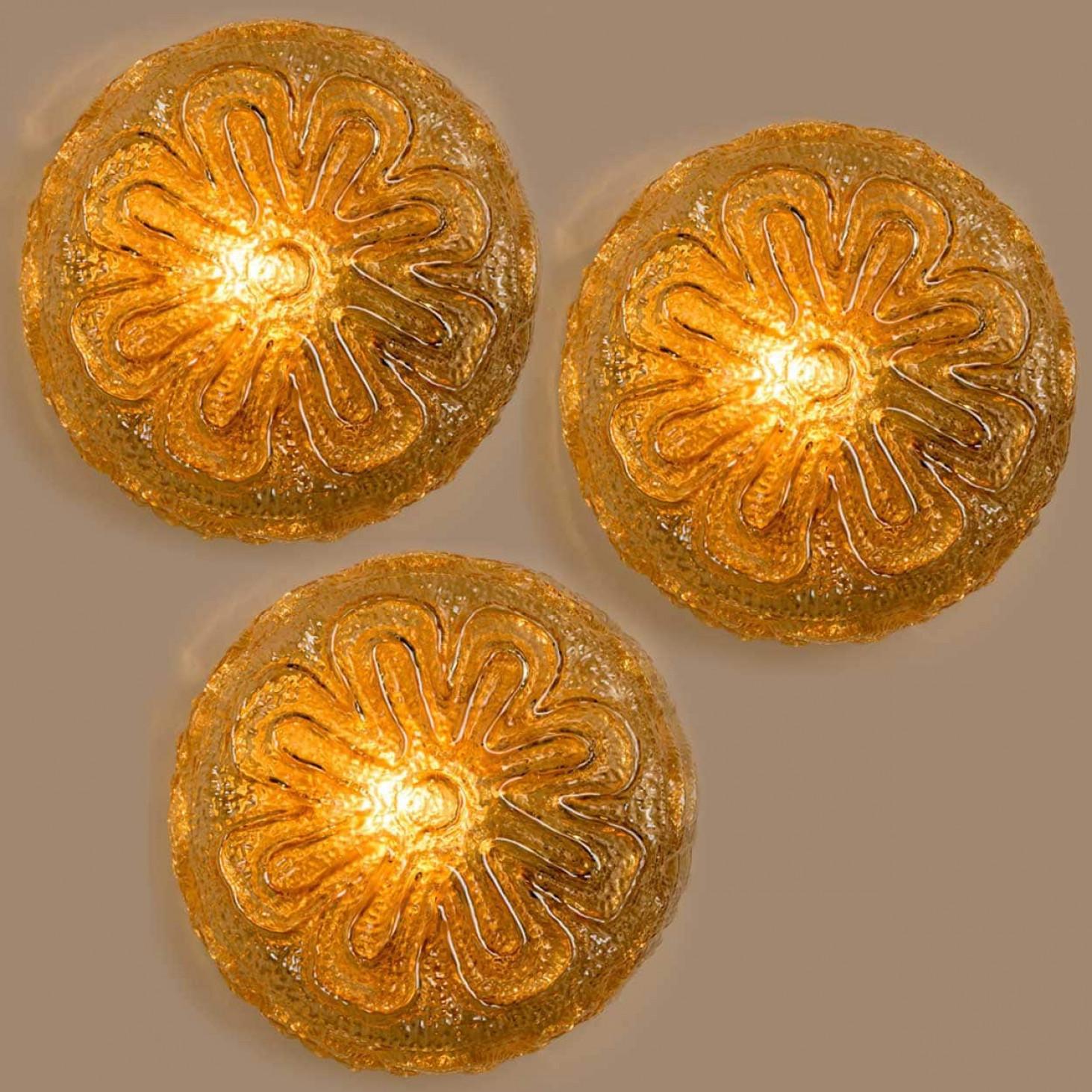 German 1 of the 3 Flower Amber Glass Wall Lights/Flush mounts in the Style of Tynell For Sale
