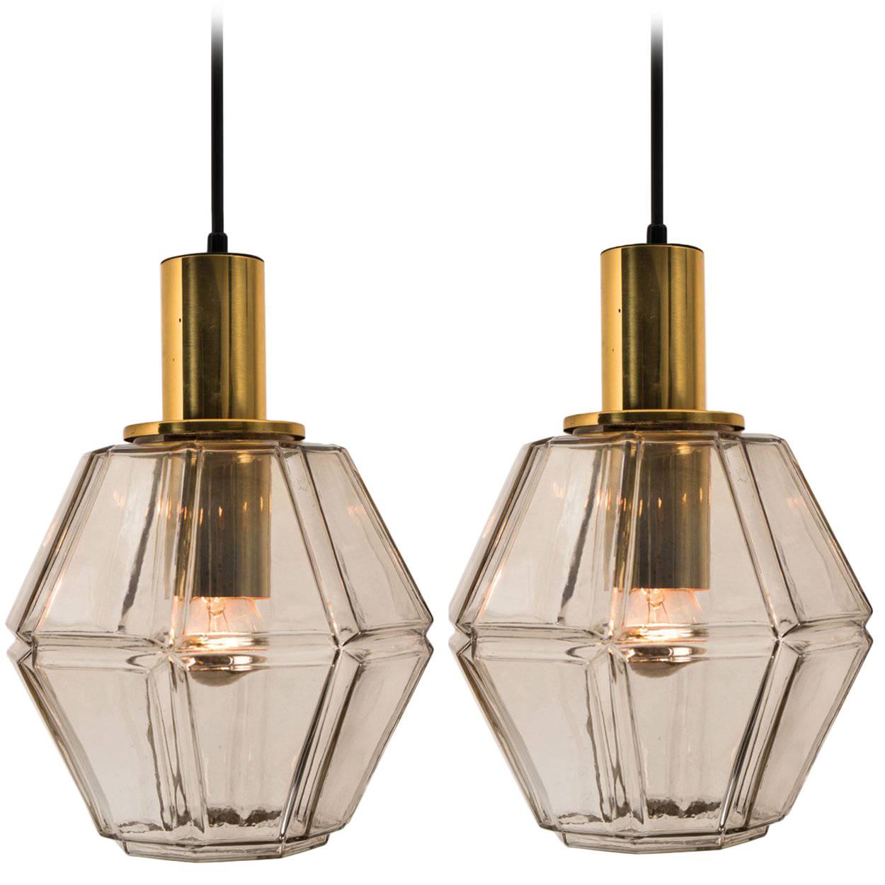 Mid-Century Modern 1 of the 3 Geometric Brass and Clear Glass Pendant Lights by Limburg, 1960 For Sale