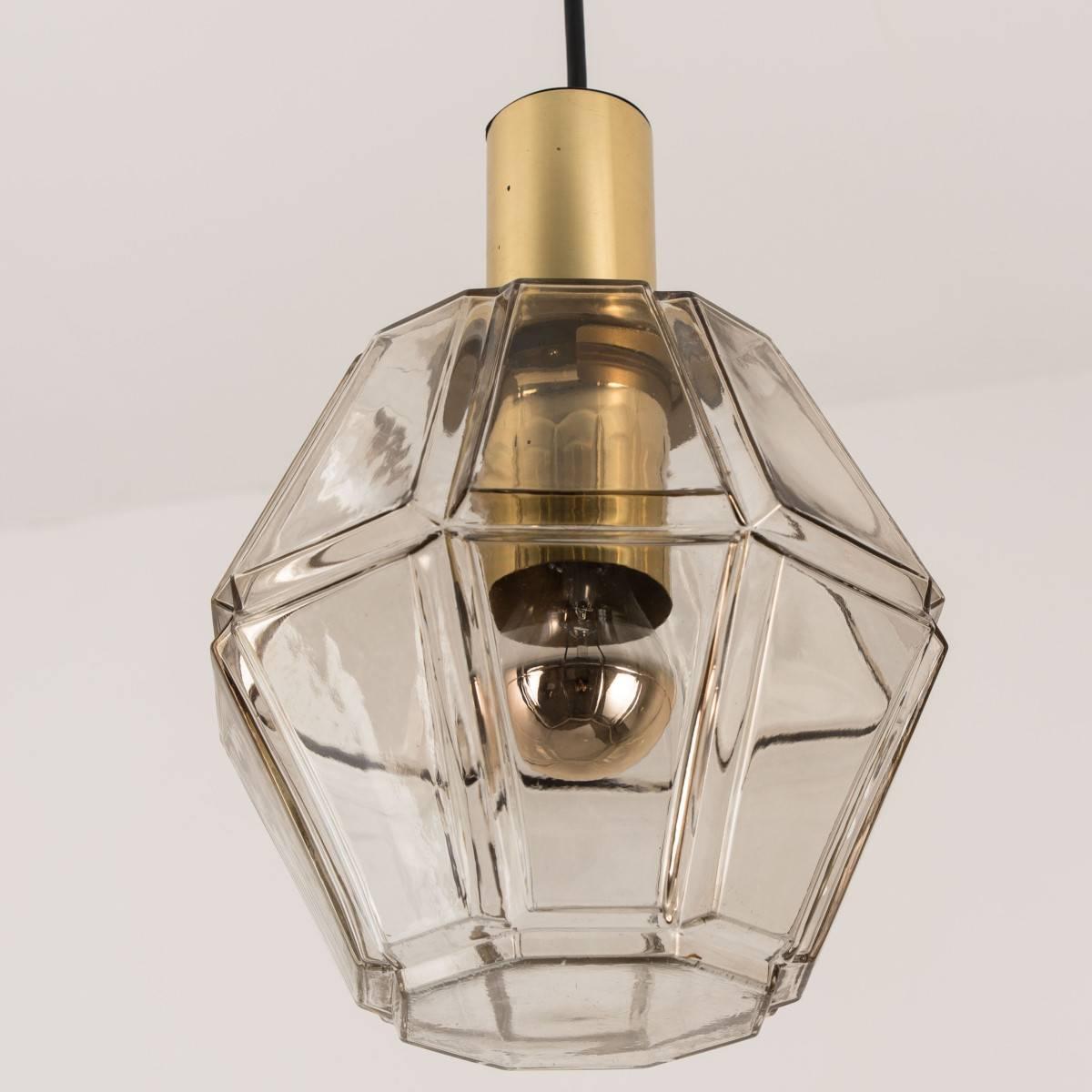 German 1 of the 3 Geometric Brass and Clear Glass Pendant Lights by Limburg, 1960 For Sale