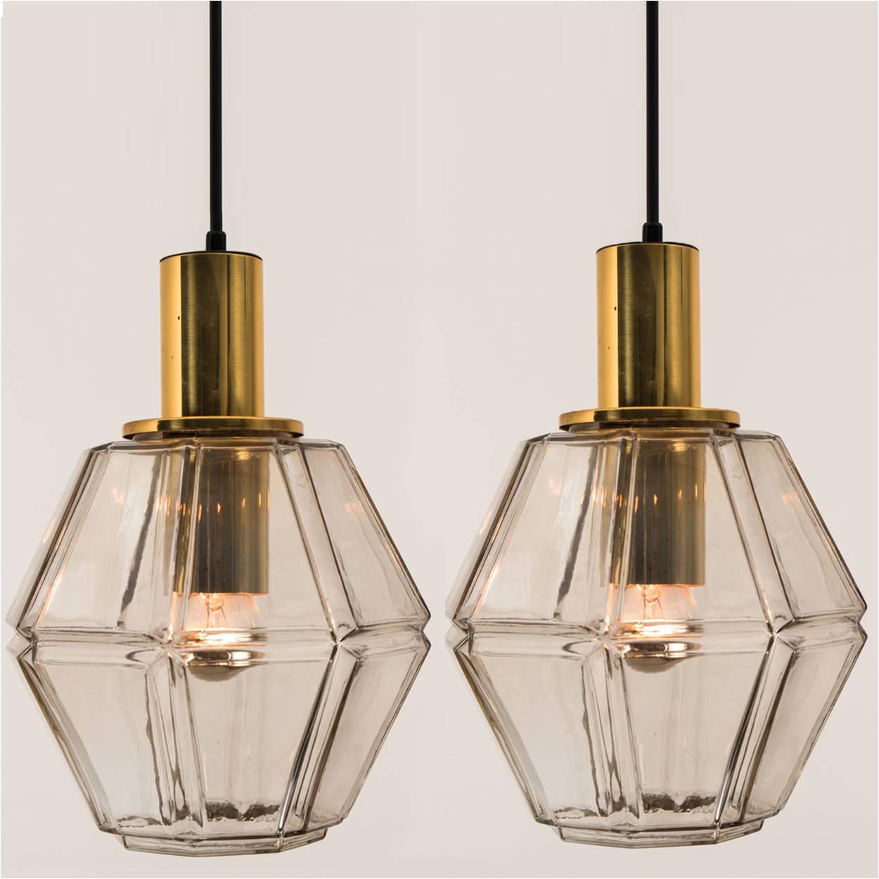 1 of the 3 Geometric Brass and Clear Glass Pendant Lights by Limburg, 1960 For Sale 2