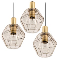 1 of the 3 Geometric Brass and Clear Glass Pendant Lights by Limburg, 1960