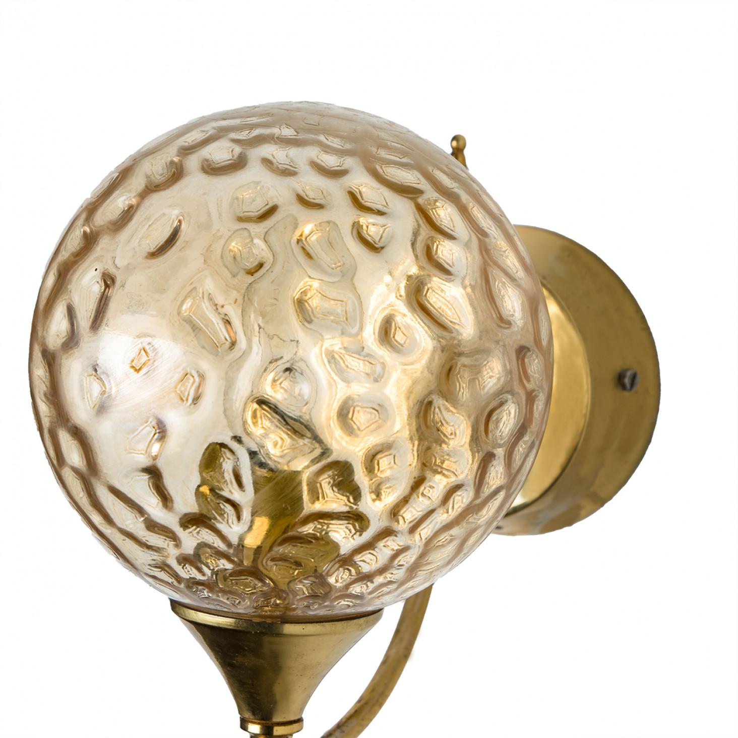 1 of the 3 Gold Brass Sphere Blown Glass Wall Lights, In Style of Brotto, Italy For Sale 3