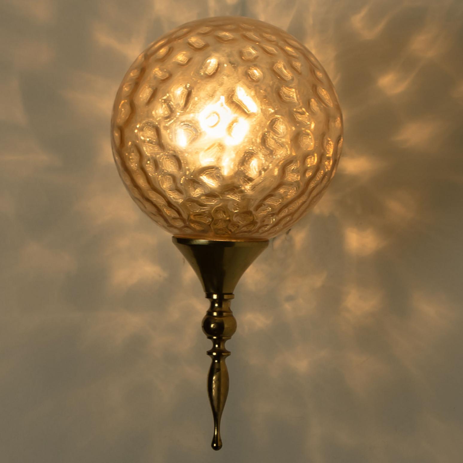 Austrian 1 of the 3 Gold Brass Sphere Blown Glass Wall Lights, In Style of Brotto, Italy For Sale