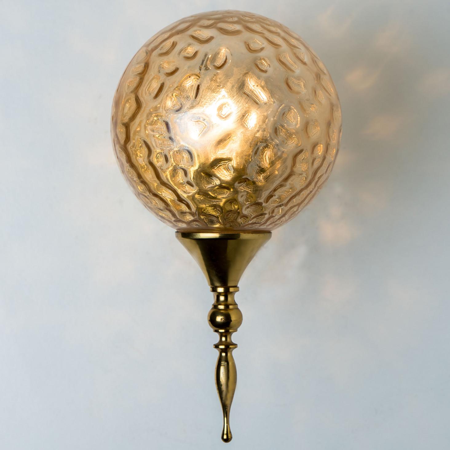 20th Century 1 of the 3 Gold Brass Sphere Blown Glass Wall Lights, In Style of Brotto, Italy For Sale