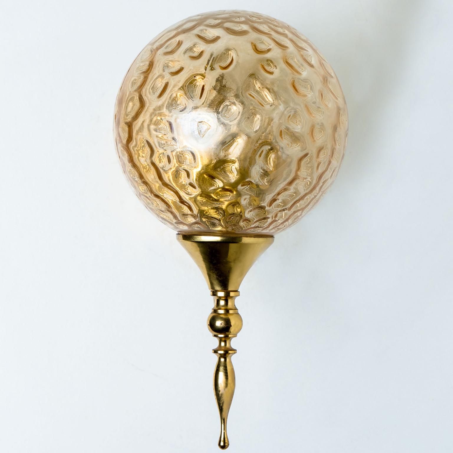 Gold Plate 1 of the 3 Gold Brass Sphere Blown Glass Wall Lights, In Style of Brotto, Italy For Sale