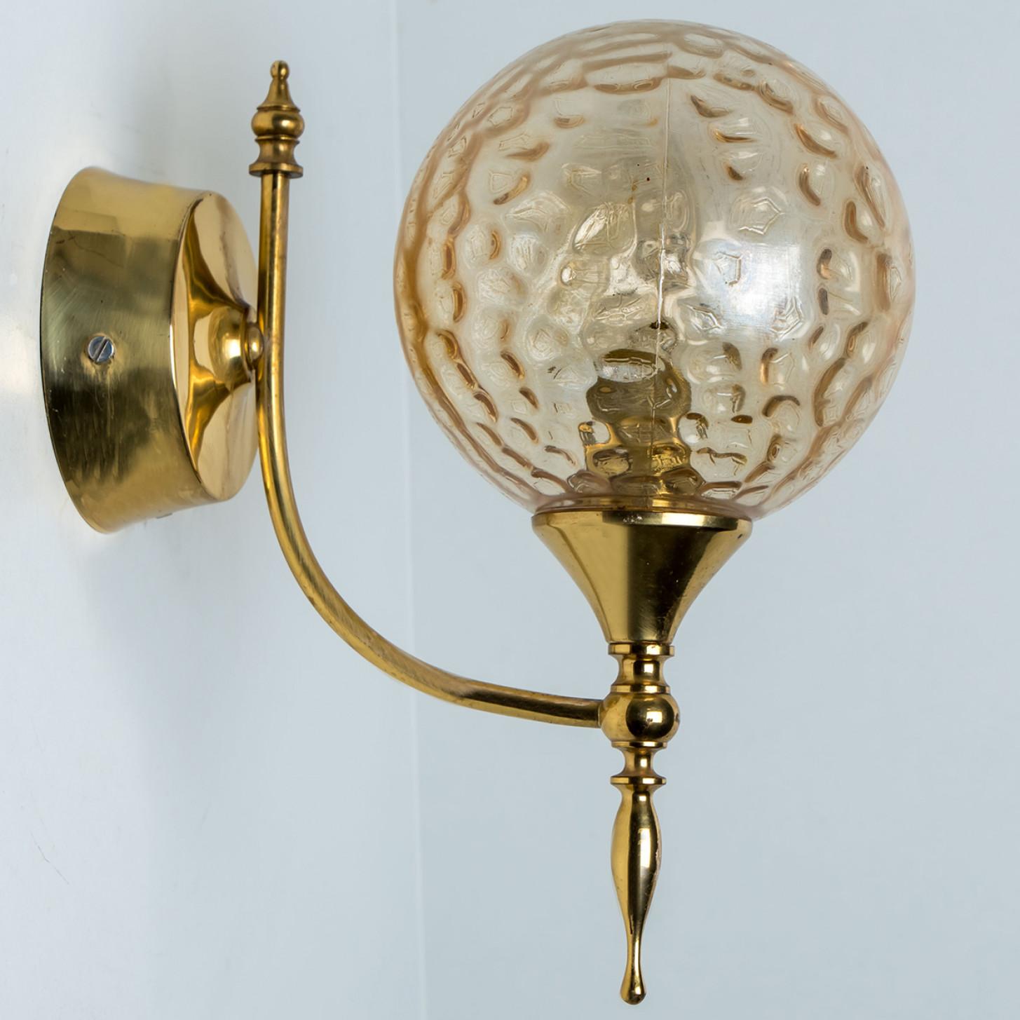 1 of the 3 Gold Brass Sphere Blown Glass Wall Lights, In Style of Brotto, Italy For Sale 1