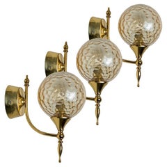 1 of the 3 Gold Brass Sphere Blown Glass Wall Lights, In Style of Brotto, Italy