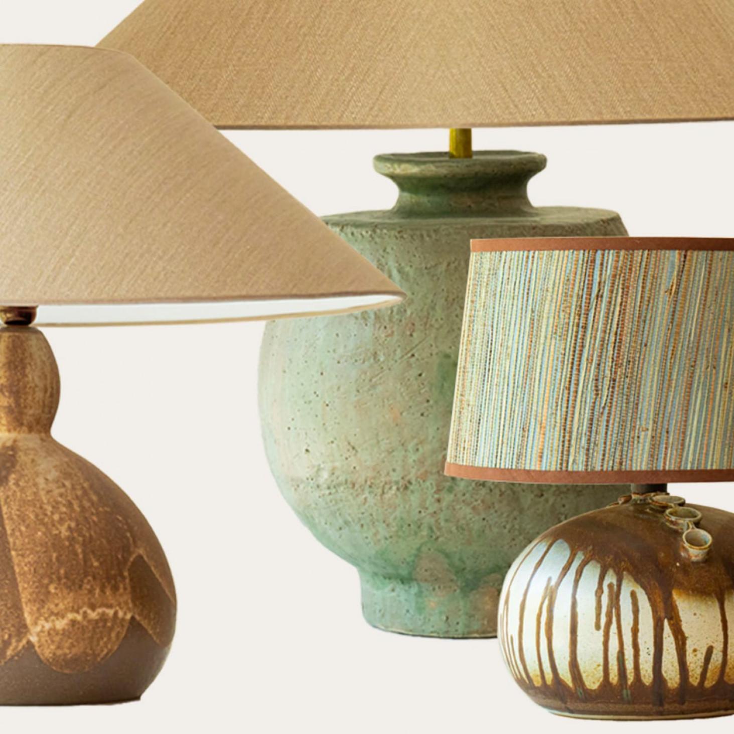 Brutalismo 1 of the 3 Green Brown Ceramic Table Lamps, Custom Silk Lamp Shades by R. Houben in vendita