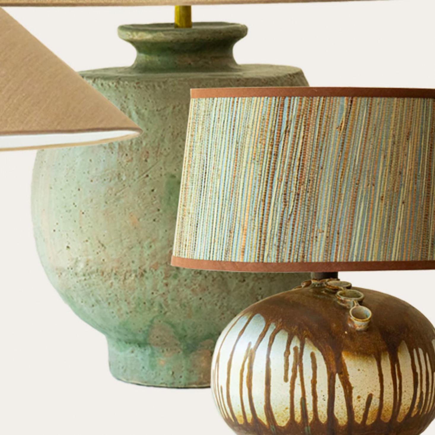 1 of the 3 Green Brown Ceramic Table Lamps, Custom Silk Lamp Shades by R. Houben Otro en venta