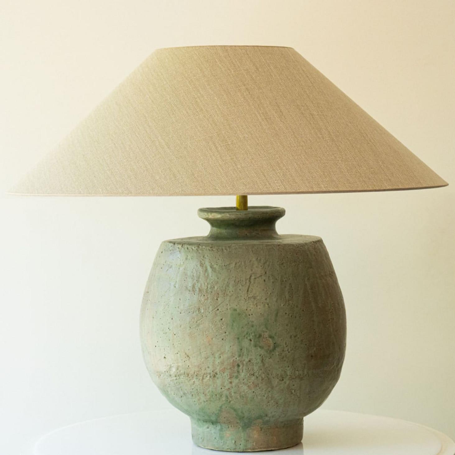 Fine XX secolo 1 of the 3 Green Brown Ceramic Table Lamps, Custom Silk Lamp Shades by R. Houben in vendita