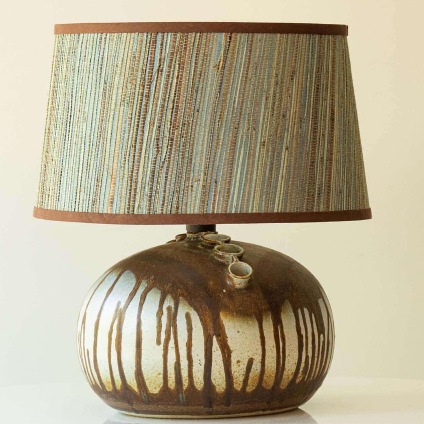Ceramica 1 of the 3 Green Brown Ceramic Table Lamps, Custom Silk Lamp Shades by R. Houben in vendita