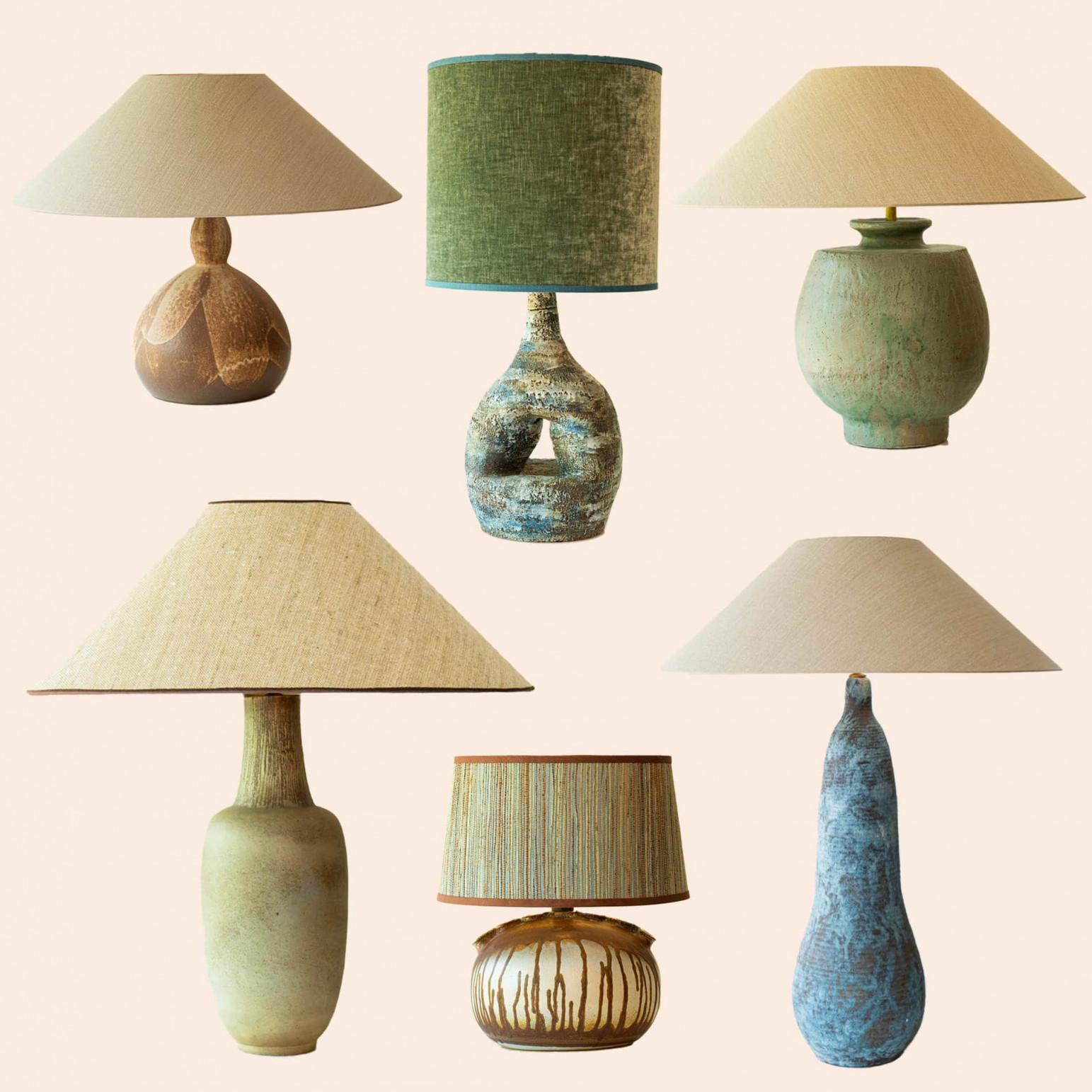 1 of the 3 Green Brown Ceramic Table Lamps, Custom Silk Lamp Shades by R. Houben in vendita 1