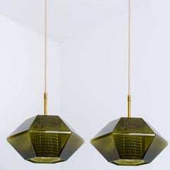 1 of the 3 Green Glass Hexagon Pendants by Carl Fagerlund for Orrefors, 1960s