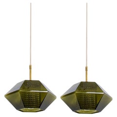 1 of the 3 Green Glass Hexagon Pendants by Carl Fagerlund for Orrefors, 1960s