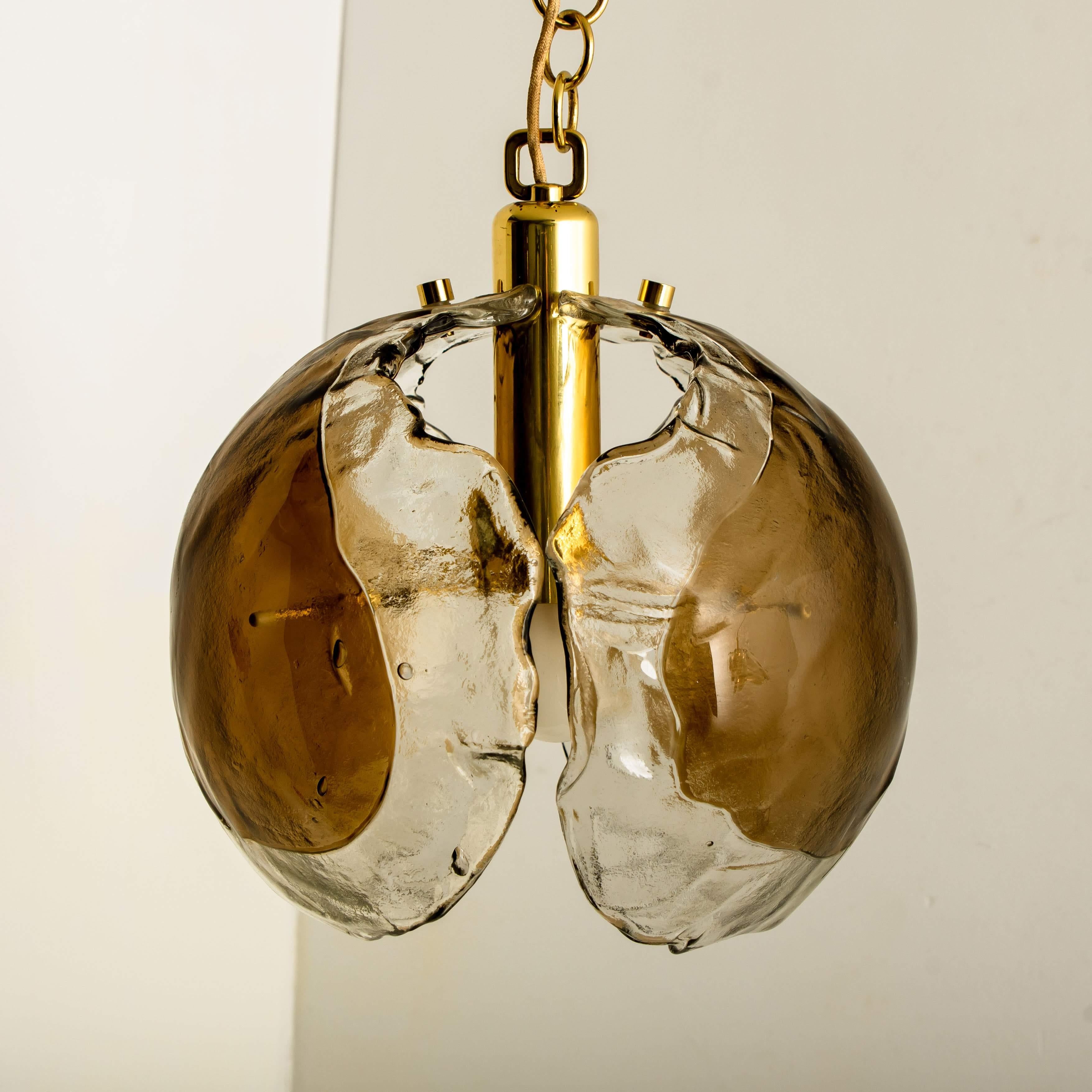 1 of the 3 Kalmar Chandelier Pendant Lights, Smoked Glass and Brass, 1970s For Sale 5
