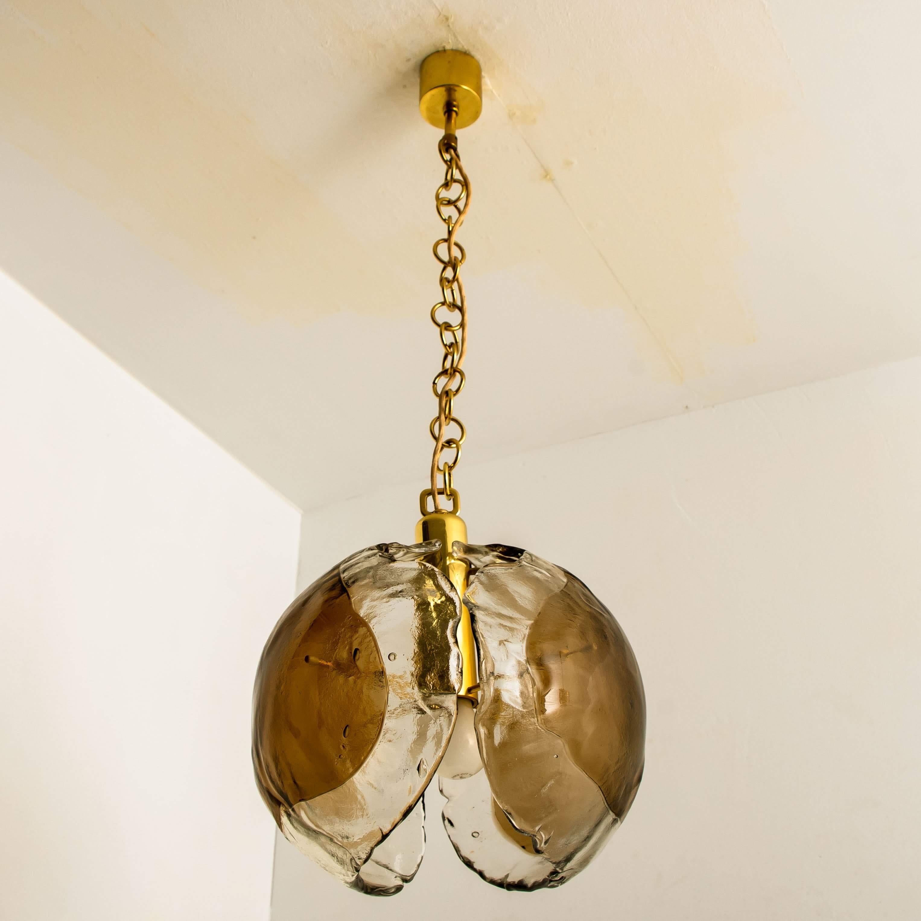 1 of the 3 Kalmar Chandelier Pendant Lights, Smoked Glass and Brass, 1970s For Sale 9