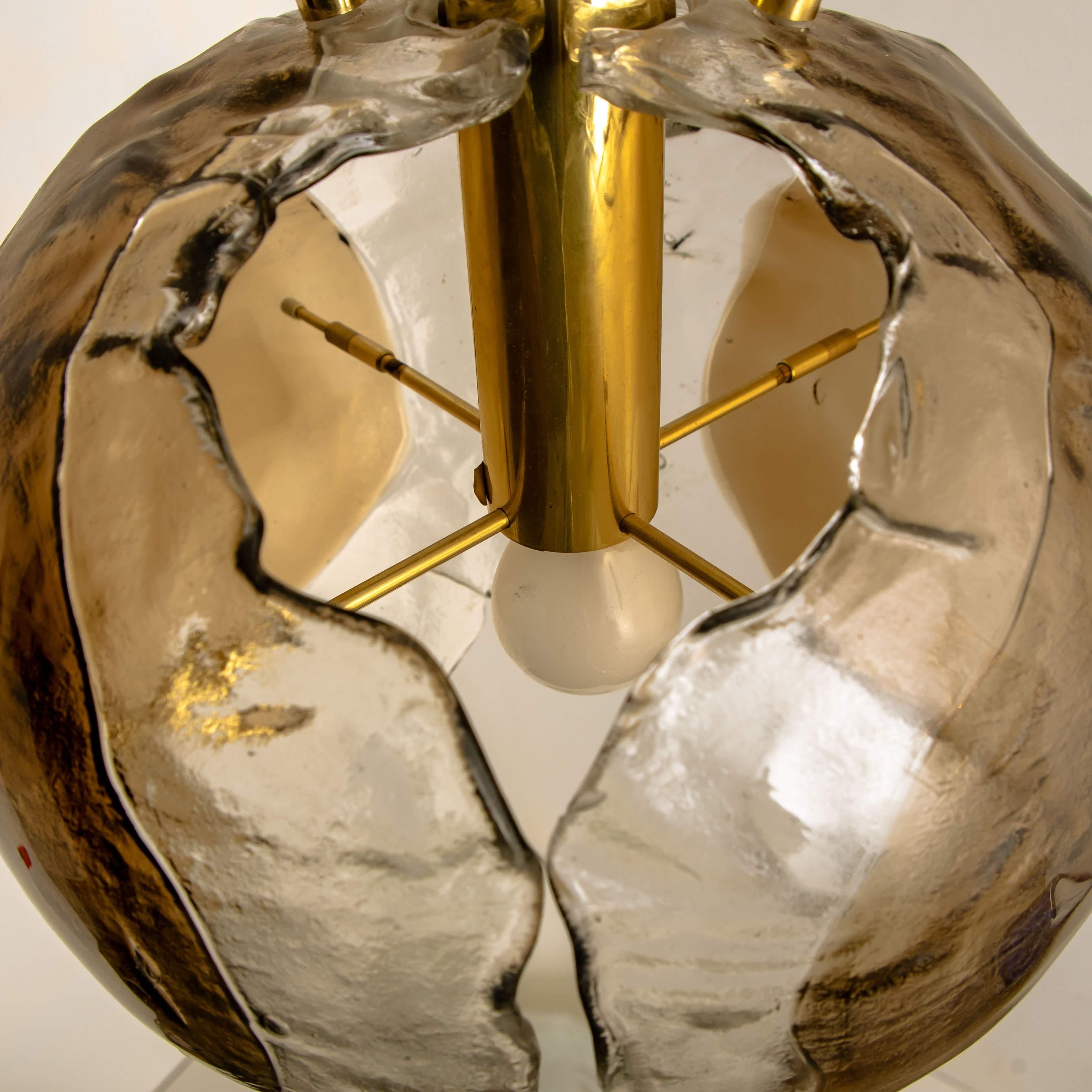 1 of the 3 Kalmar Chandelier Pendant Lights, Smoked Glass and Brass, 1970s For Sale 10
