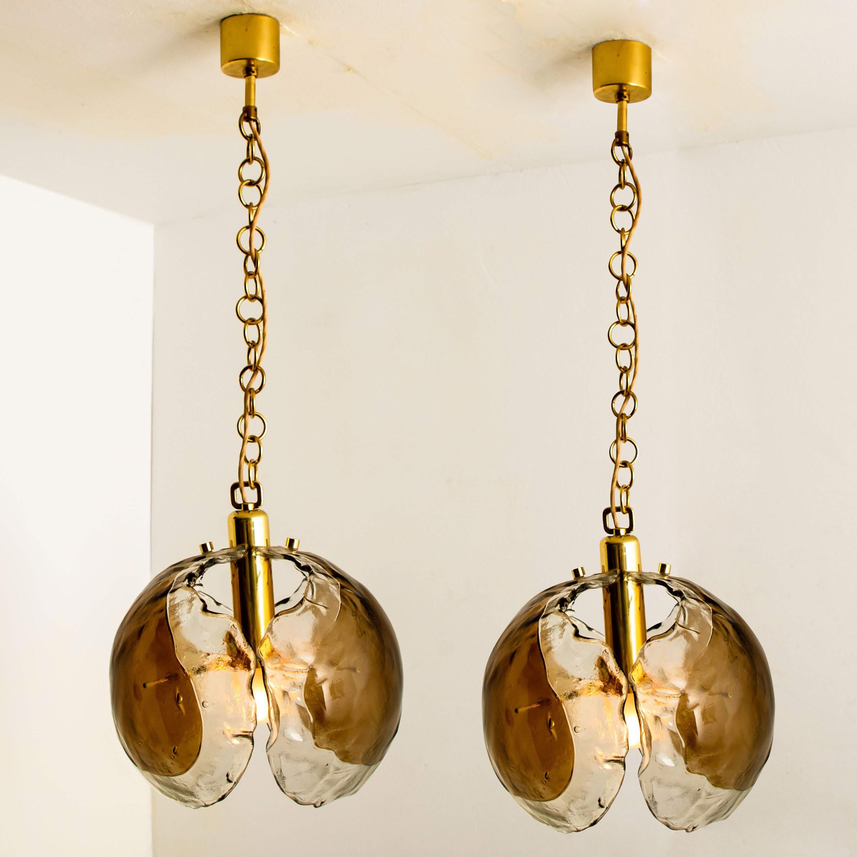 Mid-Century Modern 1 of the 3 Kalmar Chandelier Pendant Lights, Smoked Glass and Brass, 1970s