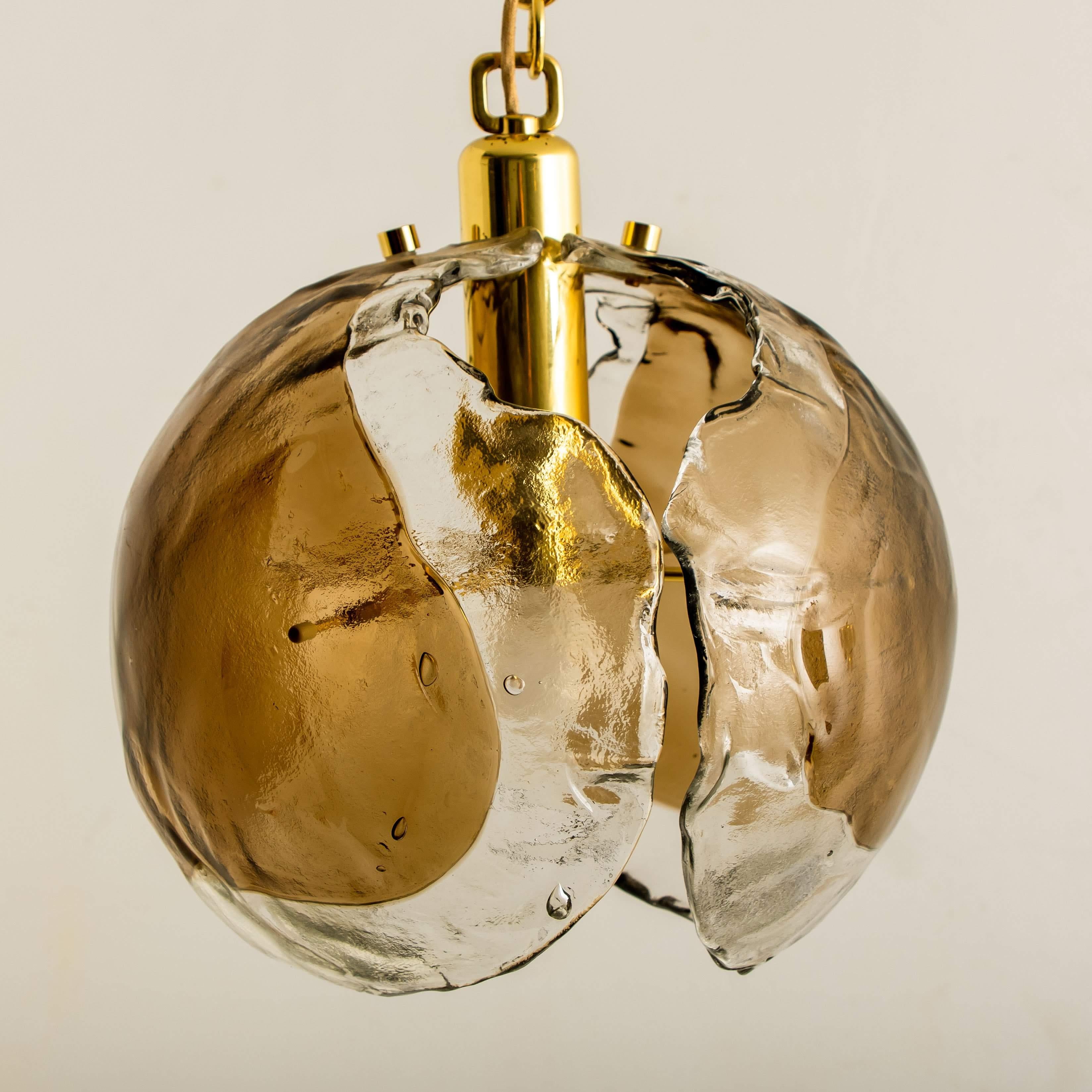 German 1 of the 3 Kalmar Chandelier Pendant Lights, Smoked Glass and Brass, 1970s
