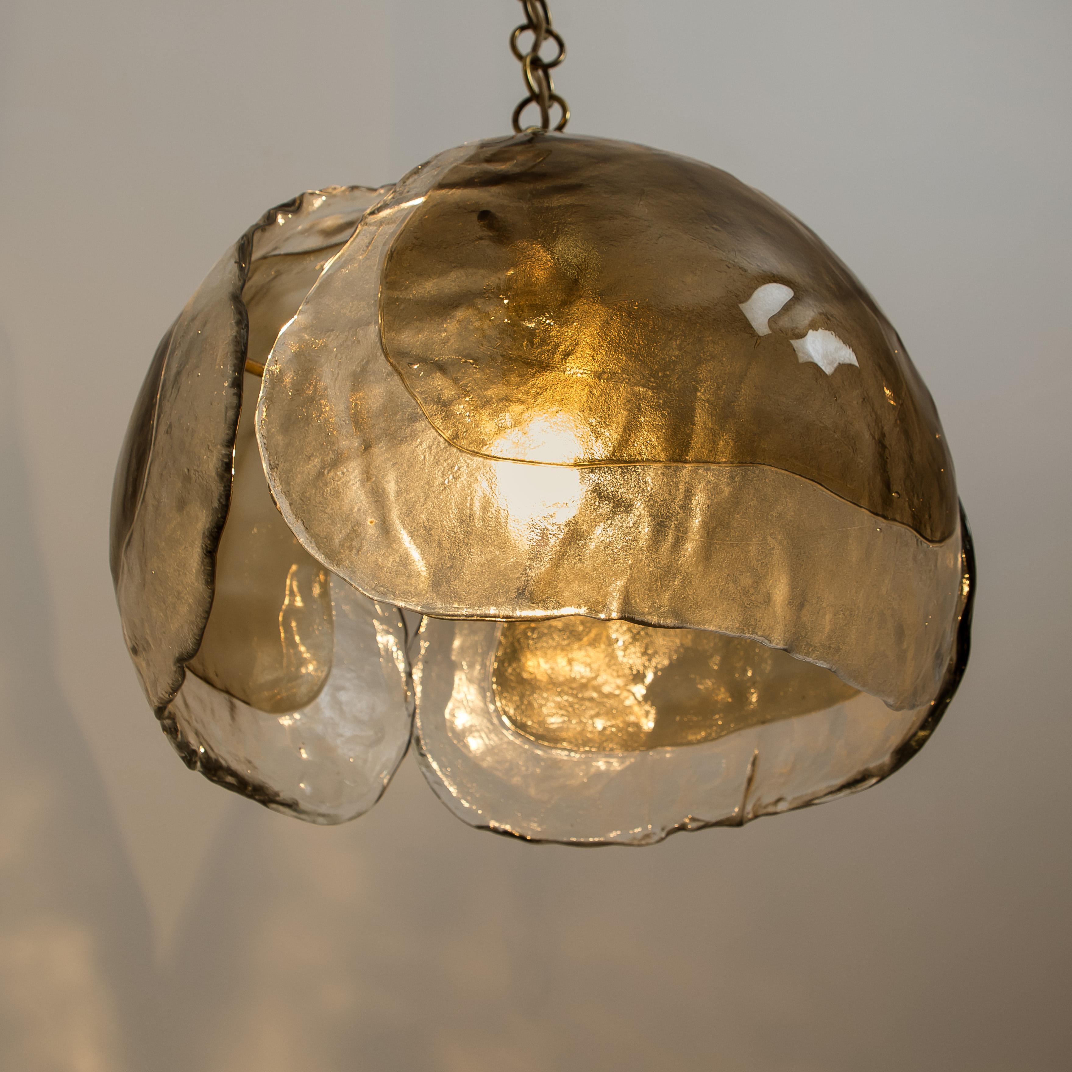 1 of the 3 Kalmar Chandelier Pendant Lights, Smoked Glass and Brass, 1970s In Good Condition In Rijssen, NL