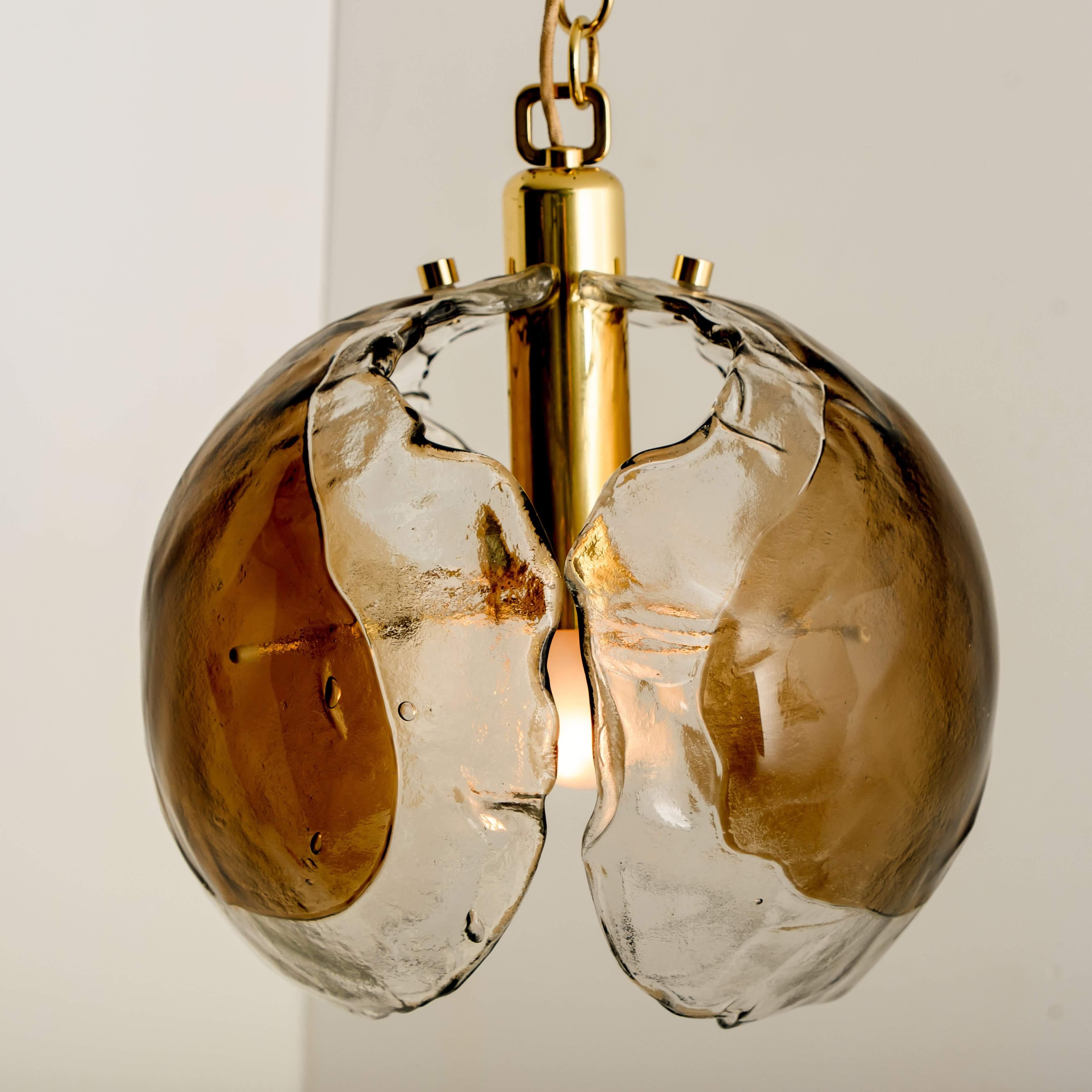 1 of the 3 Kalmar Chandelier Pendant Lights, Smoked Glass and Brass, 1970s For Sale 1