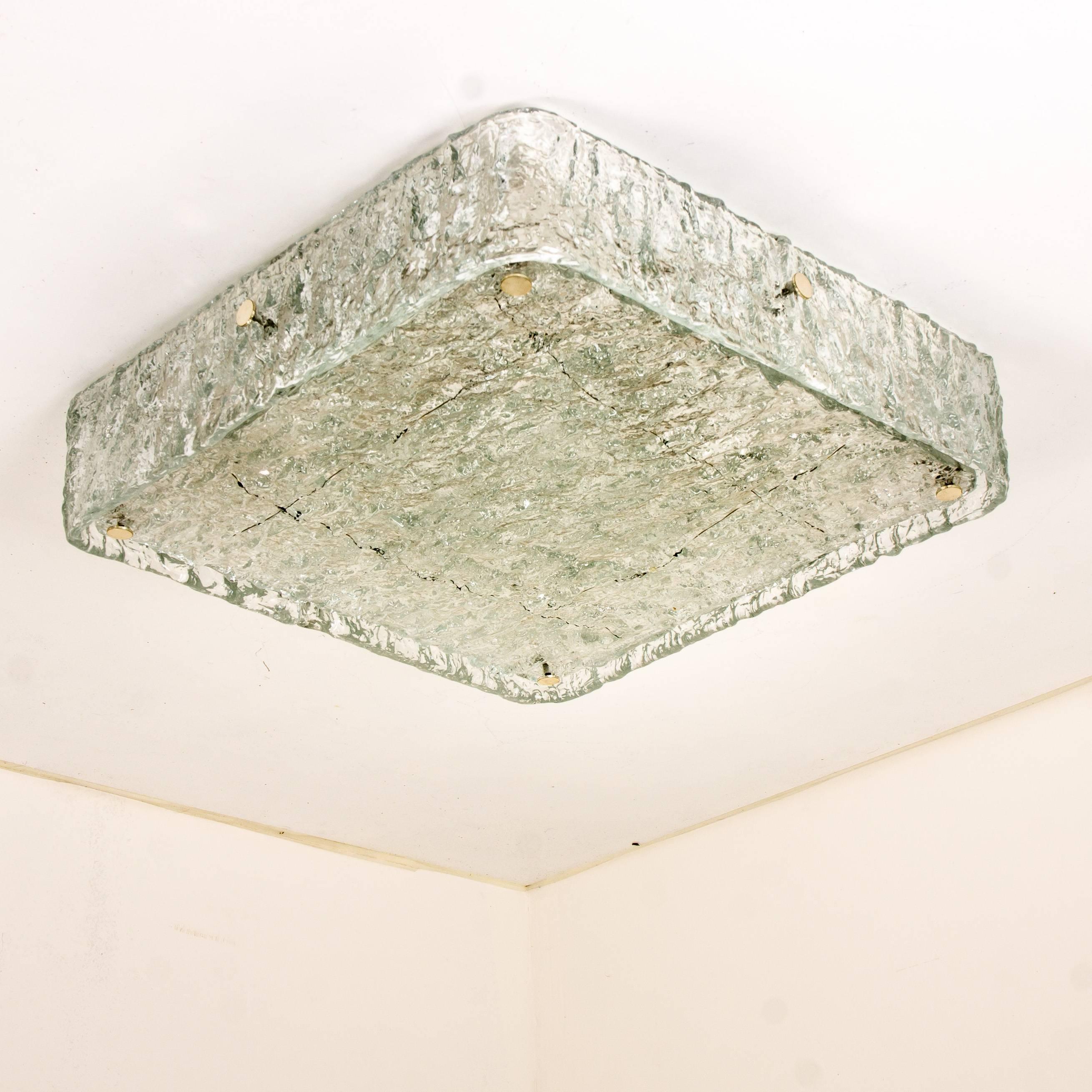 1 of the 3 Large Square Textured Glass Flushmount Ceiling Lamp by J.T Kalmar In Good Condition In Rijssen, NL
