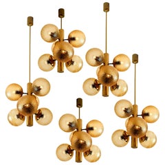 1 of the 3 Molecular Chandeliers by VEB, Amber Glass Globes