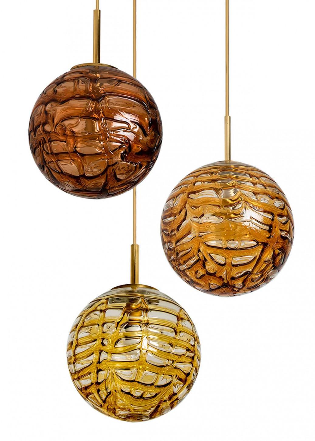 1 of the 3 Murano Yellow Brown and Orange Glass Pendant Light, 1960s For Sale 2