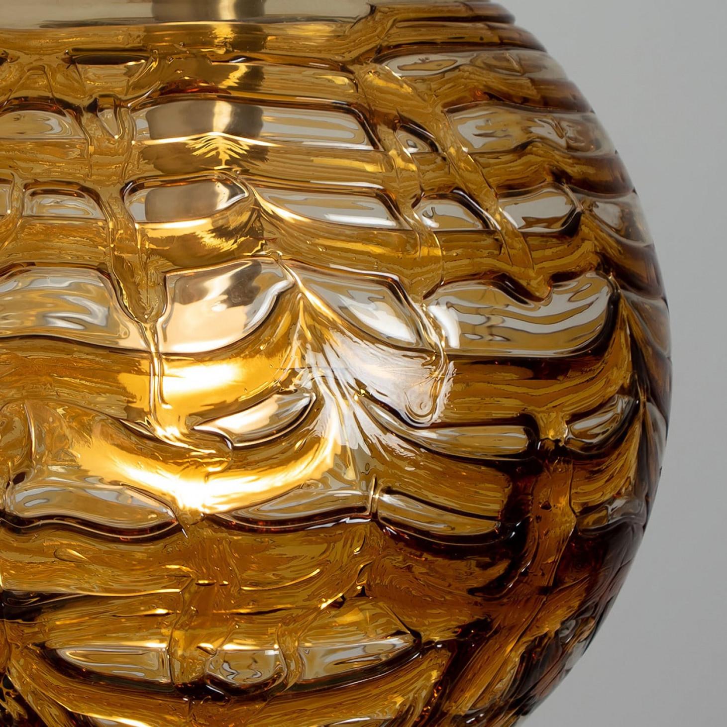 Brass 1 of the 3 Murano Yellow Brown and Orange Glass Pendant Light, 1960s For Sale