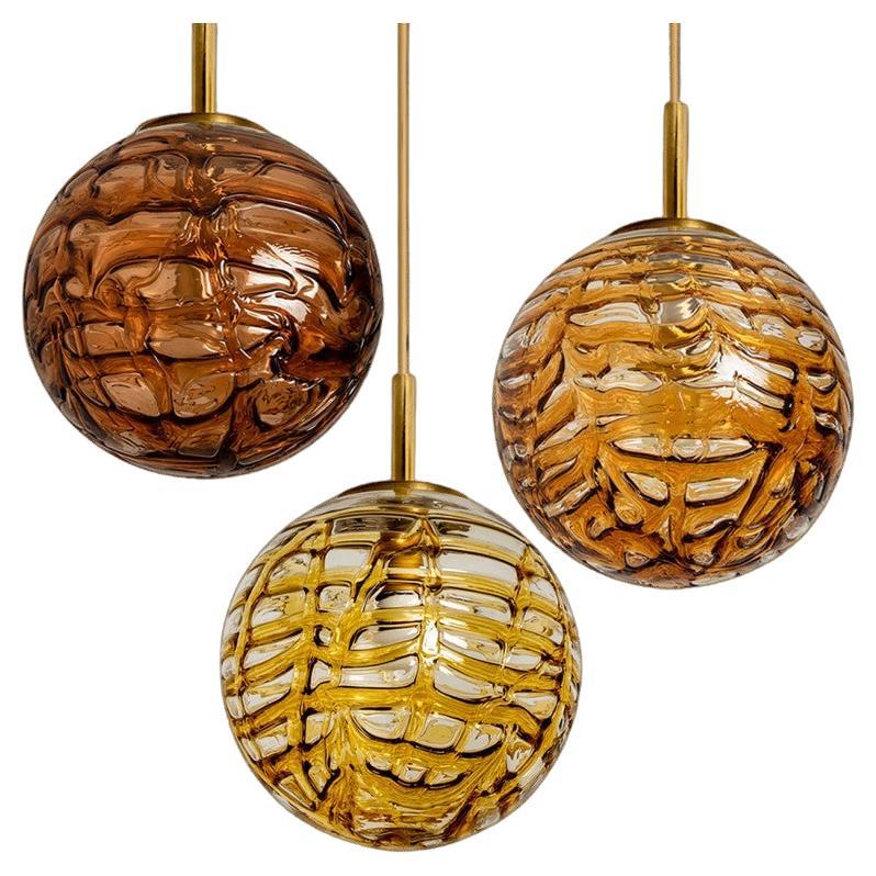 1 of the 3 Murano Yellow Brown and Orange Glass Pendant Light, 1960s