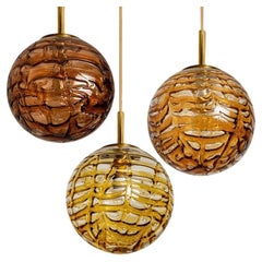 1 of the 3 Murano Yellow Brown and Orange Glass Pendant Light, 1960s